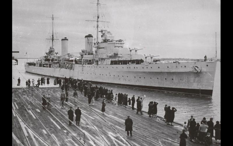 HMAS Sydney docking at Princes Pier in Melbourne, 1936.