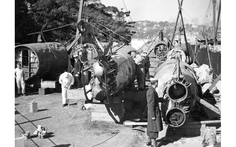 The remains of midgets M27 and M22 after being raised from the seabed in Sydney Harbour.