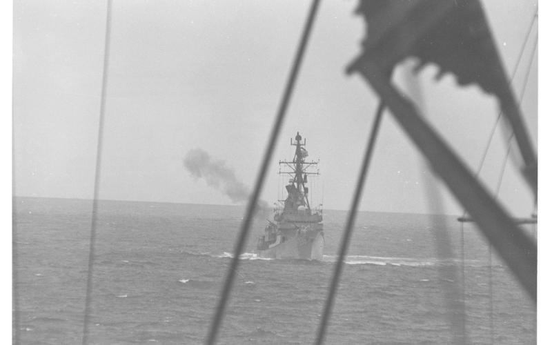 HMAS Perth providing naval gunfire support whilst on deployment to Vietnam, 23 February 1968.