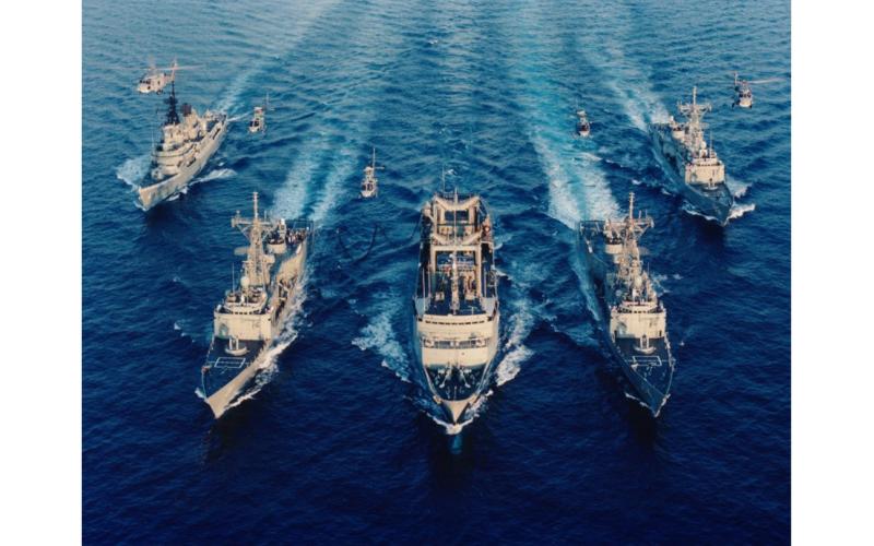 HMAS Brisbane (II), Adelaide (II), Success (II), Darwin and Sydney (IV) in the Gulf of Oman, December 1990.