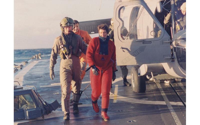 Isabelle Autissier safe aboard HMAS Darwin after her rescue from the Southern Ocean.