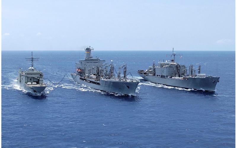 HMAS Kanimbla, USNS Tippecanoe and USS San Jose operating together as part of multinational Operation Sumatra Assist, March 2005.