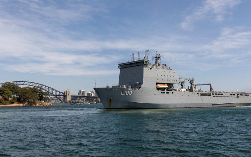 HMAS Choules departs Fleet Base East in Sydney to re-join Operation Bushfire Assist, January 2020.