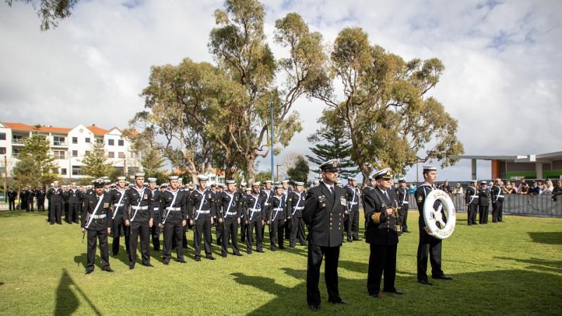 HMAS Stirling ship's company formed up at Churchill Park prior to conducting the Freedom of Entry parade through Rockingham, Western Australia.