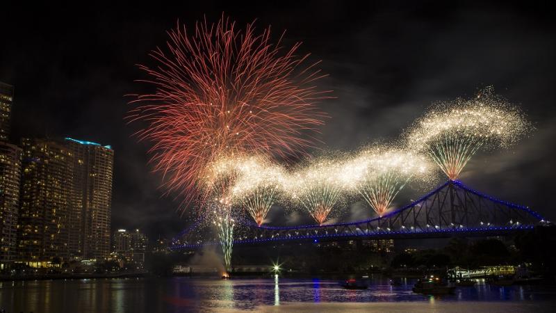 Brisbane's iconic Story Bridge ablaze with many colours as fireworks exploded on Saturday night during "Riverfire", the popular finale to the annual River Festival.