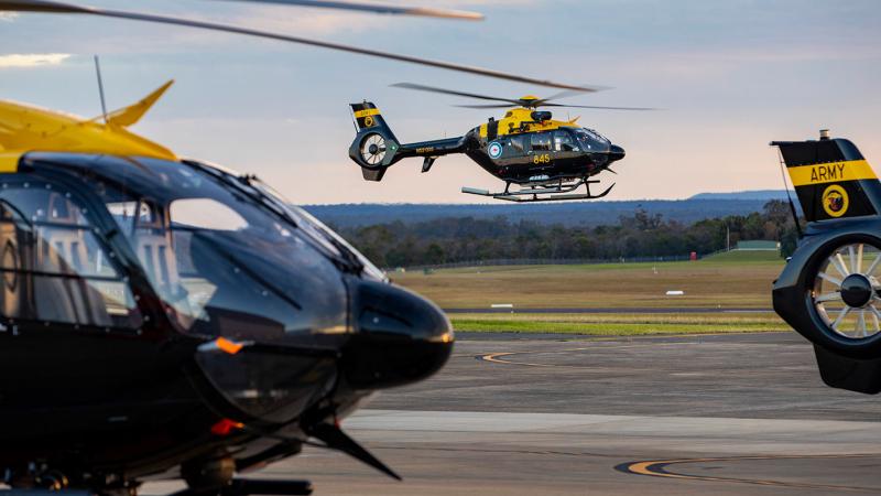 An EC135 helicopter returns to the flight line at HMAS Albatross in Nowra, New South Wales.