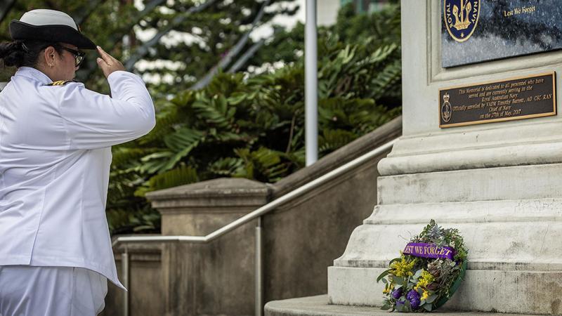 The Commanding Officer of HMAS Moreton, Commander Rosemarie Apikotoa lays a wreath during the commemoration service held at Brisbane Memorial Park.