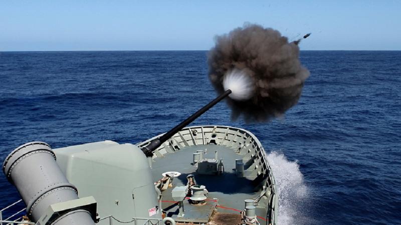 HMAS Anzac conducts a 5 inch gun live firing in the East Australian Exercise Area during the Fleet Concentration Period.