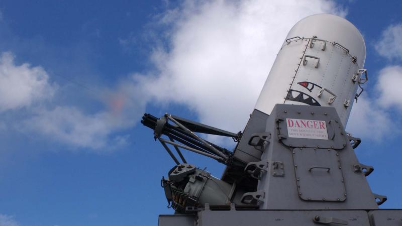The Adelaide Class frigate HMAS Canberra fires her Phalanx close-in defence system