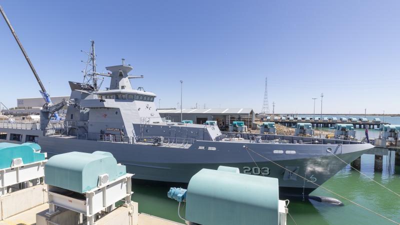 Arafura Class Offshore Patrol Vessel, NUSHIP Arafura, at Osborne Naval Shipyard in South Australia.