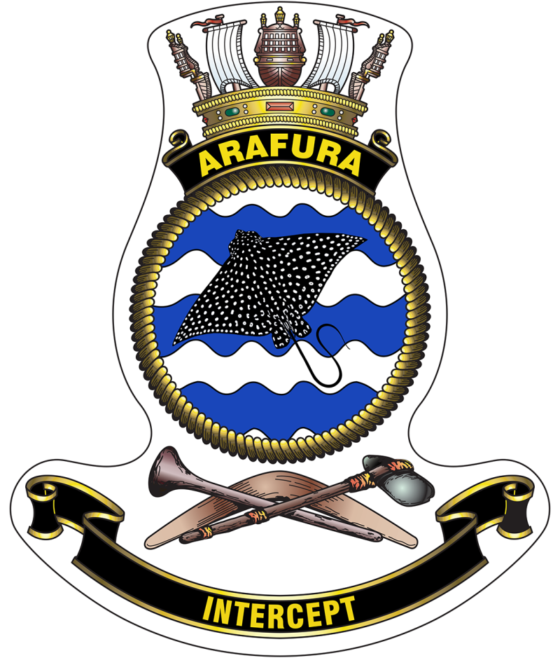 The HMAS Arafura ship badge featuring a white-spotted eagle stingray on a series of navy blue and white wavy lines in the background.